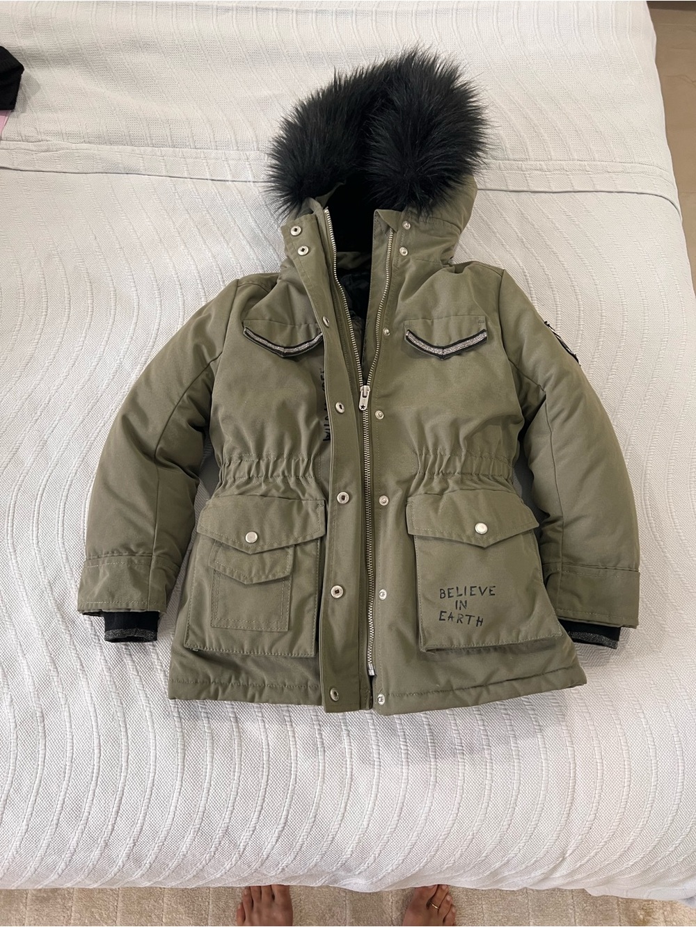 Olive Green Hooded Parka Jacket with Faux Fur Trim